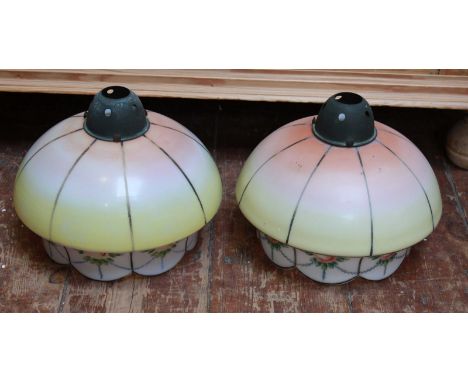 A pair of Victorian Burmese style glass hanging light shades, with pink and yellow coloured upper section, the lower section 