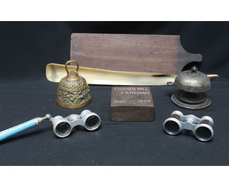 A collection of assorted items including a pair of enamel opera glasses in a leather case (AF); another pair, two tables bell