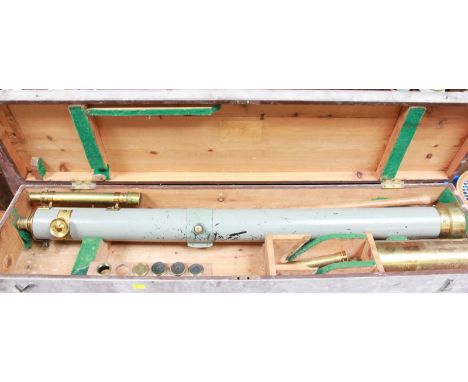 A large early 20th century telescope by Wray of London, Broadhurst, Clarkson & Co, with an oak tripod stand, and fitted box. 