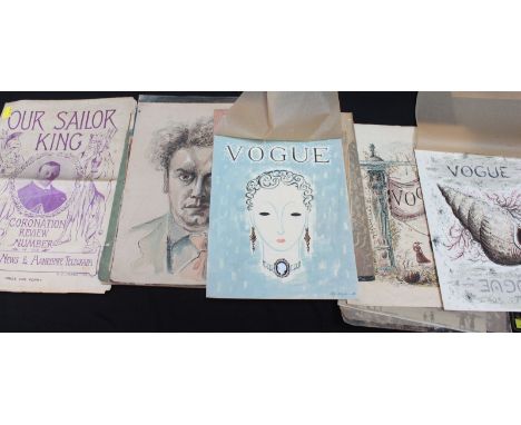A collection of watercolour artwork for Vogue magazine covers and Lilliput magazine covers, together a watercolour sketchbook