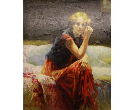 Russian School.  A portrait of a woman with melancholy gaze, in a red dress seated on a bed, signed indistinctly. Oil on canv