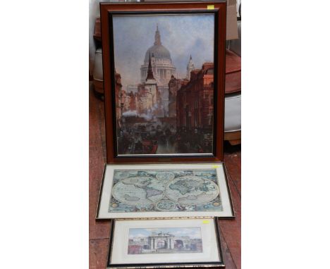 A watercolour of King James Gate in Portsmouth, signed and framed, together with an oleograph of a city and a printed map (3)