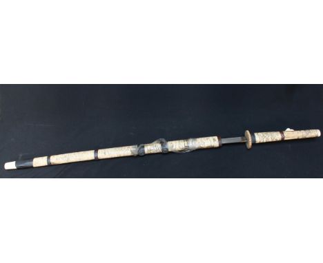 A Chinese short sword with steel blade and scene engraved bone scabbard, (af).