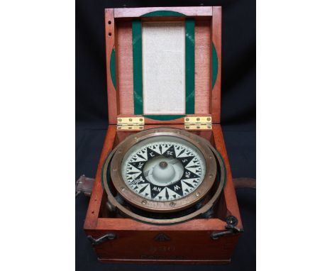 An Admiralty pattern "Dent's Improved Liquid Azimuth Compass" brass gimbal frame, by E. Dent & Co, 24cm diameter, , No.53232 