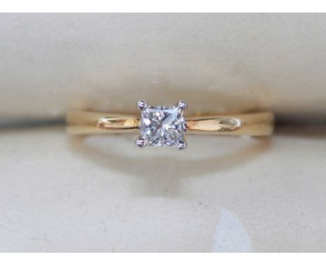 An 18ct gold solitaire diamond ring corner set with a princess cut diamond weighing 0.44 carats, approximate weight of ring 3