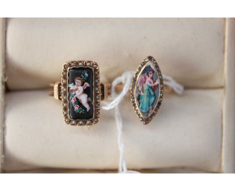 Two late 19th/early 20th century Italian yellow metal rings, one painted with an enamel portrait of a cherub surrounded by se