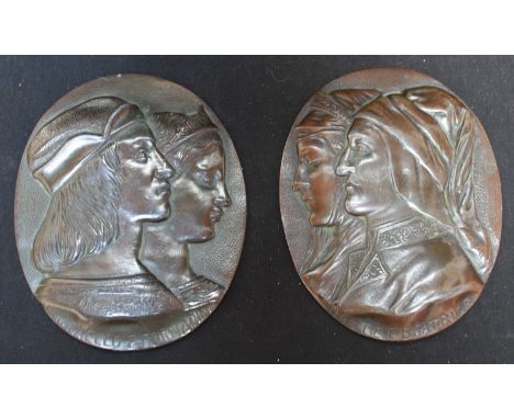 A pair of 19th century Italian bronzed pewter oval relief portrait plaques 'Dante Beatrice' and 'Raffaello D Fornarina', with