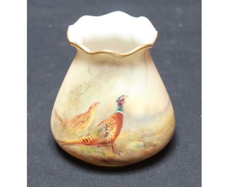 A Royal Worcester cache pot painted with pheasants by James Stinton, with frilled neck and green printed mark, circa 1916. 8 