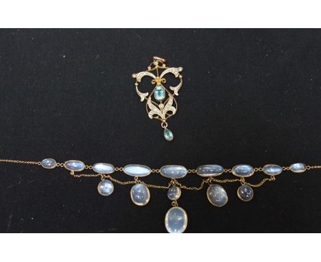 An Art Nouveau 9ct gold, aquamarine and seed pearl pendant necklace, and a moonstone necklace (2).