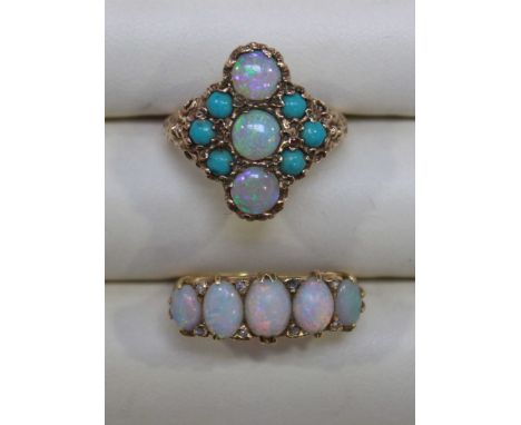 A five stone opal ring set in yellow gold; and an opal and turquoise cluster ring, set in yellow gold (2).