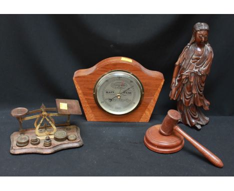 A set of postal letter scales, an auctioneer's gavel, aneroid barometer and oriental carved hardwood female figure.  