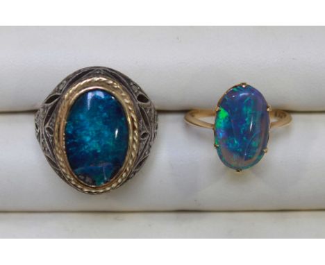 Two oval opal rings, one set in unmarked yellow metal, the other marked 18c (2).