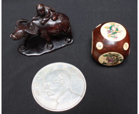 A white metal large Chinese medallion with profile portrait to the obverse and sailing junk to the reverse, 88cm, a stained s