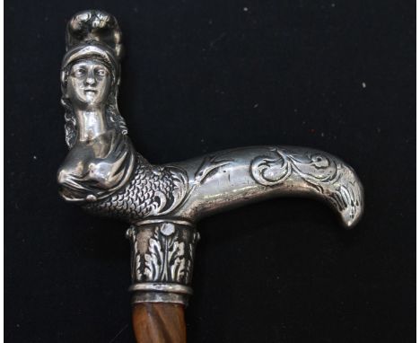 ADDENDUM: A Victorian white metal topped walking stick, the cast top formed as a caryatid bust of the Roman goddess Minerva, 