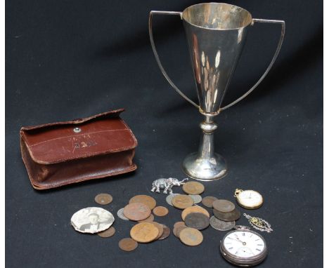 An early 20th century Chinese white metal trophy, together with a silver pocket watch, coins, another watch and a pair of mot