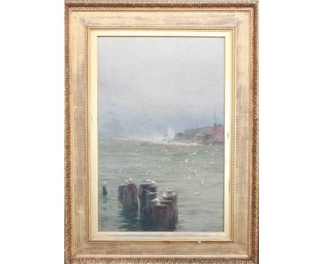 William Lionel Wylie RA (1851-1931), Portrait orientated study of seagulls in the mouth of Portsmouth Harbour looking towards