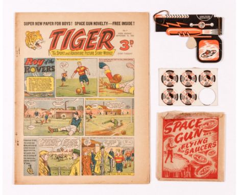 Tiger comic no 1 (1954) with free gift Space Gun and 5 press-out Flying Saucers in card (6 originally) and illustrated bag. S