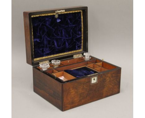 A Victorian mother-of-pearl inlaid rosewood travelling work box. 30 cm wide.