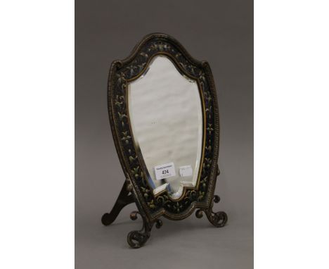 A Victorian champleve enamel decorated brass strut mirror. 33 cm high.
