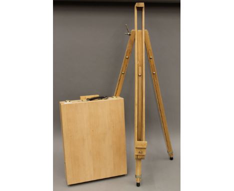 An artist's folding travelling easel and a box easel.
