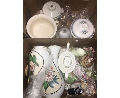 2 BOXES LARGE VINTAGE PAINTED GLASS VASES, GLASS &amp; FIGURINES ETC