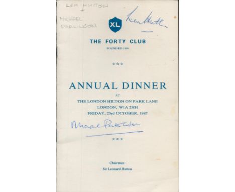 Len Hutton and Michael Parkinson signed dinner menu from 1987.
