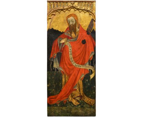 PERE LEMBRI(tätig in Morella und Tortosa um 1399–1421)Apostel Matthäus. Um 1410.Öl auf Holz.Auf Schriftrolle bezeichnet: Sanc