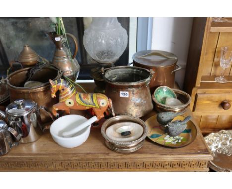 A brass oil table lamp with an etched &amp; moulded glass shade, _ high; a pair of silver plated coasters; &amp; various othe
