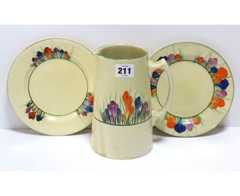 A Clarice Cliff Bizarre “Crocus” jug, 17.5cm high; a ditto pair of side plates, 17.75cm diameter (all w.a.f); an Ethiopian pi