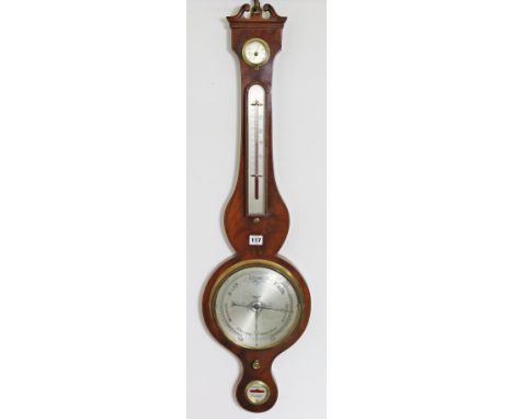 An early 20th century aneroid wall barometer with a 19.5cm silvered dial; &amp; in an inlaid-mahogany banjo-style case, 97.5c