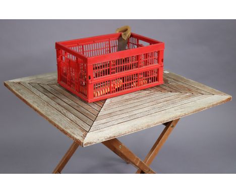 A teak garden table with a square top, &amp; on square fold-away legs, 88.5xm wide x 75.5cm high; &amp; various hand tools.