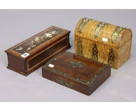 A 19th century rosewood trinket box with mother-of-pearl inlaid floral &amp; butterfly decoration to the hinged lift-lid, 32.