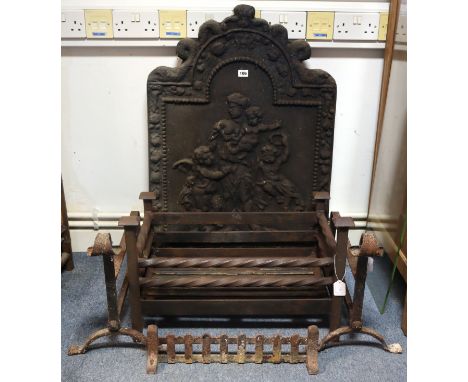 A 19th century cast-iron fireback with raised figure scene to the centre; &amp; a ditto fire grate &amp; pair of five-dogs; &