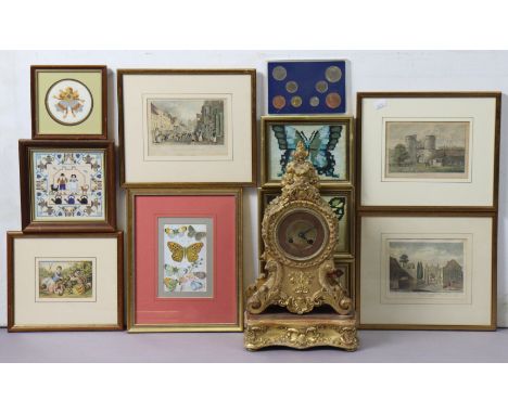 A 19th century continental-style gilt ornate mantel clock, 41cm high; together with various small pictures; &amp; a E II R co