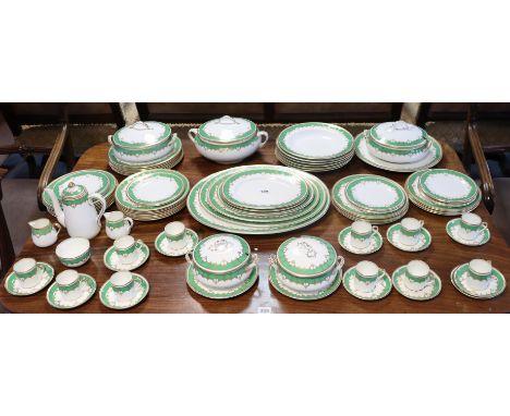 A Crown Staffordshire 75-piece part dinner &amp; coffee service with green &amp; gilt borders, comprising: Coffee pot, 11 cof