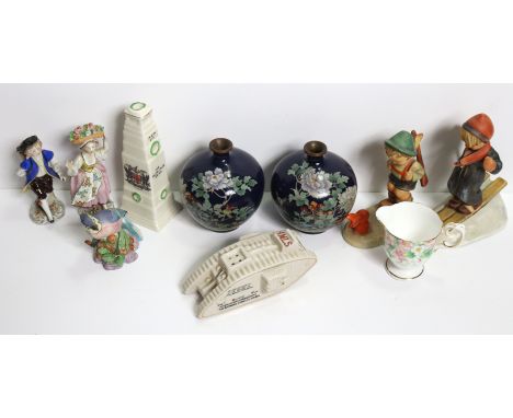 A pair of cloisonné globular vases of deep blue ground, &amp; with multi-coloured floral decoration, 10.5cm high; two Goebel 