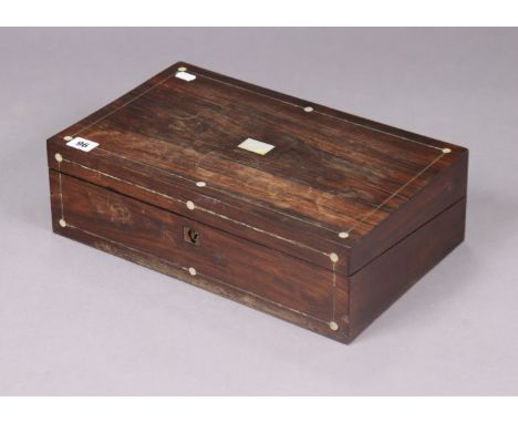 A 19th century mother-of-pearl inlaid rosewood writing slope with a fitted interior, 40cm wide; together with various items o