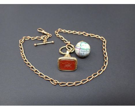 A 9ct gold Watch Albert, approx 13gms with yellow metal Fob Seal set intaglio carved mongram carnelian and a ceramic globe Fo