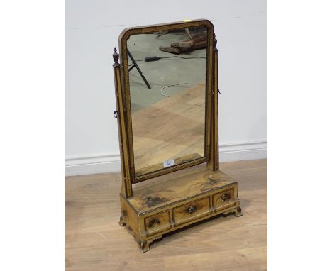 A chinoiserie lacquered Dressing Mirror with landscape designs, the base fitted three drawers on bracket supports, 2ft 6in H 