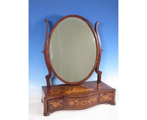 A 19th Century mahogany and marquetry Dressing Mirror with oval plate, the serpentine base with marquetry basket of flowers a