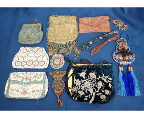 A collection of antique and vintage Purses/Evening bags, mostly beaded including; a 19th Century green velvet bag with white 