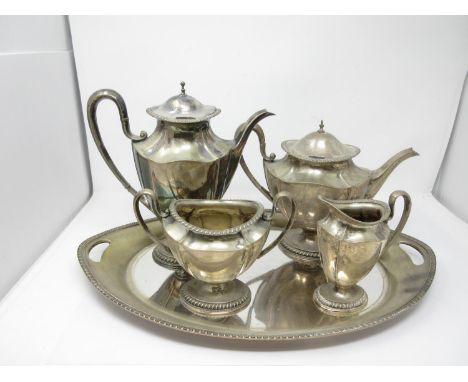 A German silver four piece Tea Service with gadroon rims, marked 800 L. Posen, and a matching plated oval Tray 