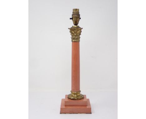 A pink marble Table Lamp with gilt brass capital and stepped square base 15 1/2in H 