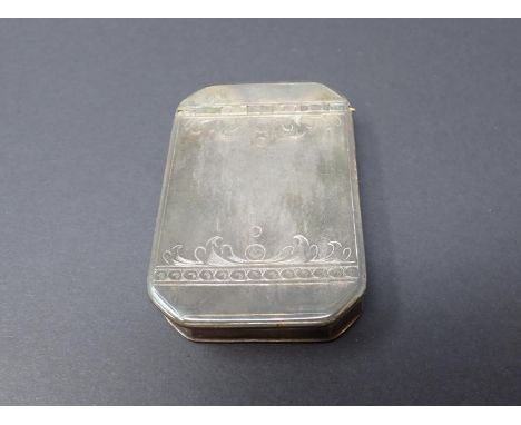 An antique silver Snuff Box with hinged lid, scroll engraved decoration and presentation inscription to underside, 2 3/4in 