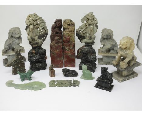 A Collection of soapstone and jade type Figures, Animals, Birds, etc (19)