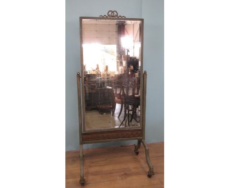 A green painted Robing Mirror with pierced ribbon surmount above the bevelled rectangular plate and cheval base, 2ft 7in W x 