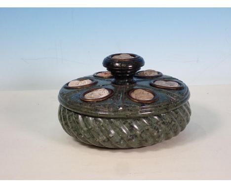 A grand tour serpentine Inkwell, the cover inset with portrait intaglios, the interior having brass mounted inkwells and pen 