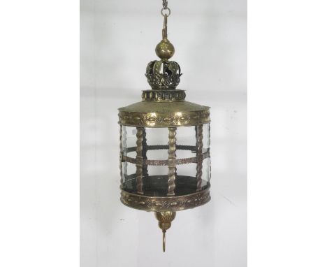 A large brass circular Hanging Lantern with embossed friezes and crown surmount, 2ft 6in 