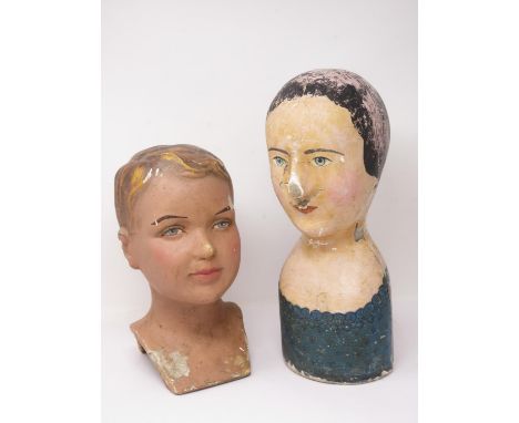 An early 20th Century painted plaster boy's Mannequin Head and a 19th Century papier machier female Head A/F 