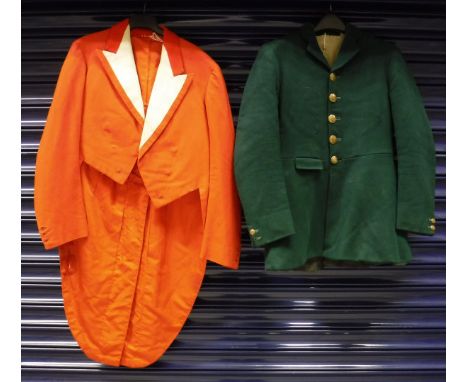 A green Master of the Hunt coat with brass Heythrop buttons, together with a hunting red dress coat bearing label inside insc